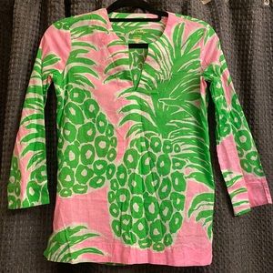 Lilly Pulitzer, Tropical Pineapple Blouse, 3/4 Sleeves, Sz XXS